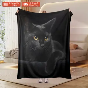 Soft Funny Throw Blanket Cute Black Cat Print Flannel Blanket,Warm Nap For Couch Sofa Office Bed Camping Travelling,Multi-purpose Holiday Gift Blankets