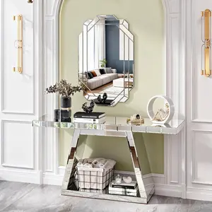 55.9" Modern Luxe Full-Body Mirror Console Table with Trapezoid Base - 360° Reflective, Sturdy Wooden Frame, Scratch-Resistant Design, Open Storage for Hallway, Living Room summervibes
