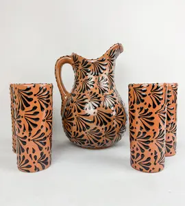 Talavera Style Clay Pitcher Set 7pc Set Jarra Barro Negro