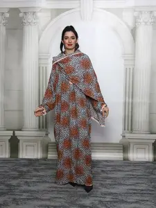 Women's Ditsy Floral Print Contrast Lace Zipper Long Sleeve Arabian Dress with Hijab, Elegant Drop Shoulder Long Dress for Muslim, Ladies Islamic Clothing for All Seasons