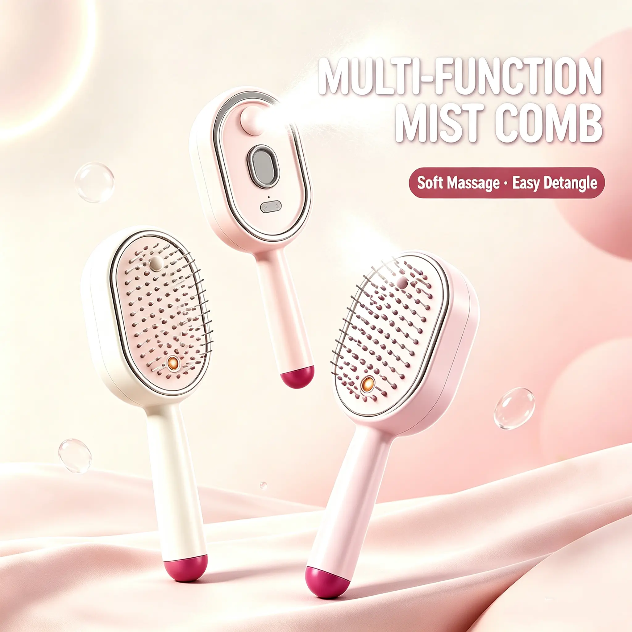 Electric Misting Aqua Detangler Hair Brush with Air Cushion Scalp Massage, Portable Spray Hair Comb for Wet, Dry & Curly Hair, Pink