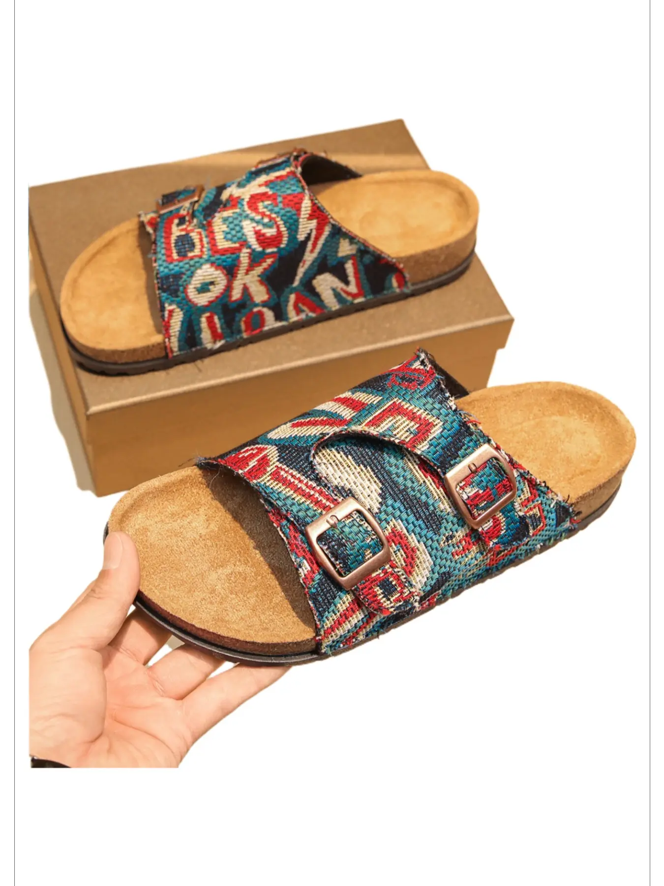 Lady summer slipper couple slippers, double buckle adjustable cork slippers retro print slippers