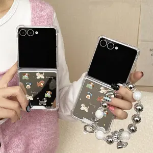 Cute Cartoon Puppy Bracelet Case for Samsung Galaxy Z Flip 5 4 3 6 Flip6 flip7 FE Puppy Mirror Make Up With Lanyard Phone Cover