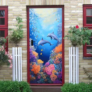 2pcs Underwater World Dolphin Wall Stickers Kids Room Bedroom Living Room Decorative Stickers Self-Adhesive Removable Ocean Theme Murals Cartoon Animal Background Wall Art Home Decor Supplies