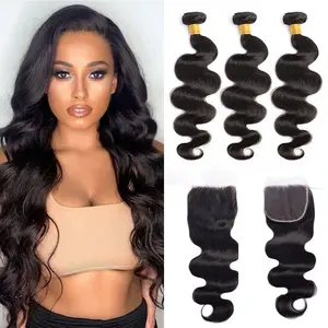 Body Wave Bundles Human Hair With 5x5 Lace Closure Real Human Hair 3/4 pcs/lot Brazilian Hair Natural Black Color Remy Human Hair Weave Extensions