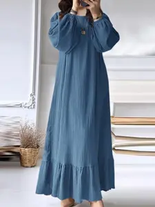 Women's Solid Textured Belted Ruffle Hem Arabian Dress, Casual Bishop Sleeve Round Neck Ruffle Hem Flowy Long Dress for Fall & Winter, Women's Islamic Clothing for Daily Wear, Muslims Clothes, Modest Solid Color Maxi Slip Dress(gi