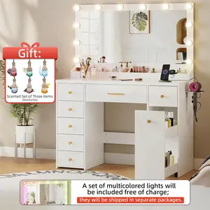 【Summervibes】LAKEMID 49.3-inch Extra-Large Vanity Table with Lighted Mirror, 12 Three-Color Adjustable LED Lights, Plus a Free Set of Rainbow Lights; Features 7 Drawers and a Pull-Out Storage Cabinet; Bedroom Makeup Mirror; Perfect Gifts(White)