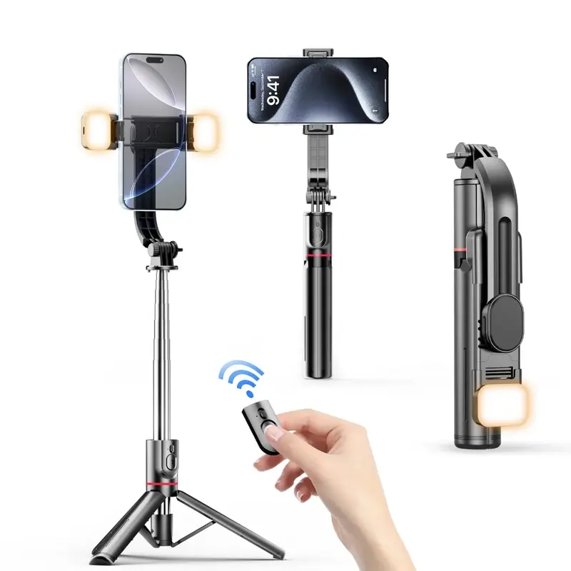 7-Section Telescopic Mobile Selfie Stick with 360° Rotation, 2 Fill Lights, Remote Control, Adjustable Telescoping Tripod & Monopod - Cable-Connected for Smartphones, Tripod for iPhone, Vlogging/Landscape Use