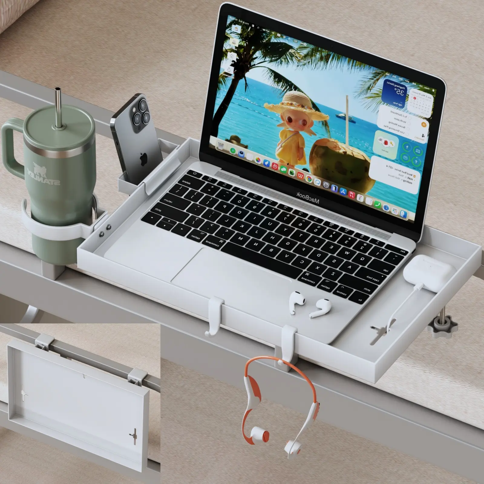 Foldable Clip-On Bedside Shelf Free-Drill Carbon Steel Bed Side Tray with Cup Holder & Cable Holes Dorm Bunk Bed  for College Students & Renters Prefect Gift for College Students Dorm Room Essentials dormessentials home space-saving storage