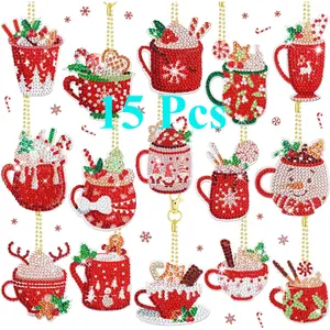 15 Pcs Christmas Diamond Painting Keychain Ornaments 5D DIY Hot Cocoa Art Crafts Family Decor