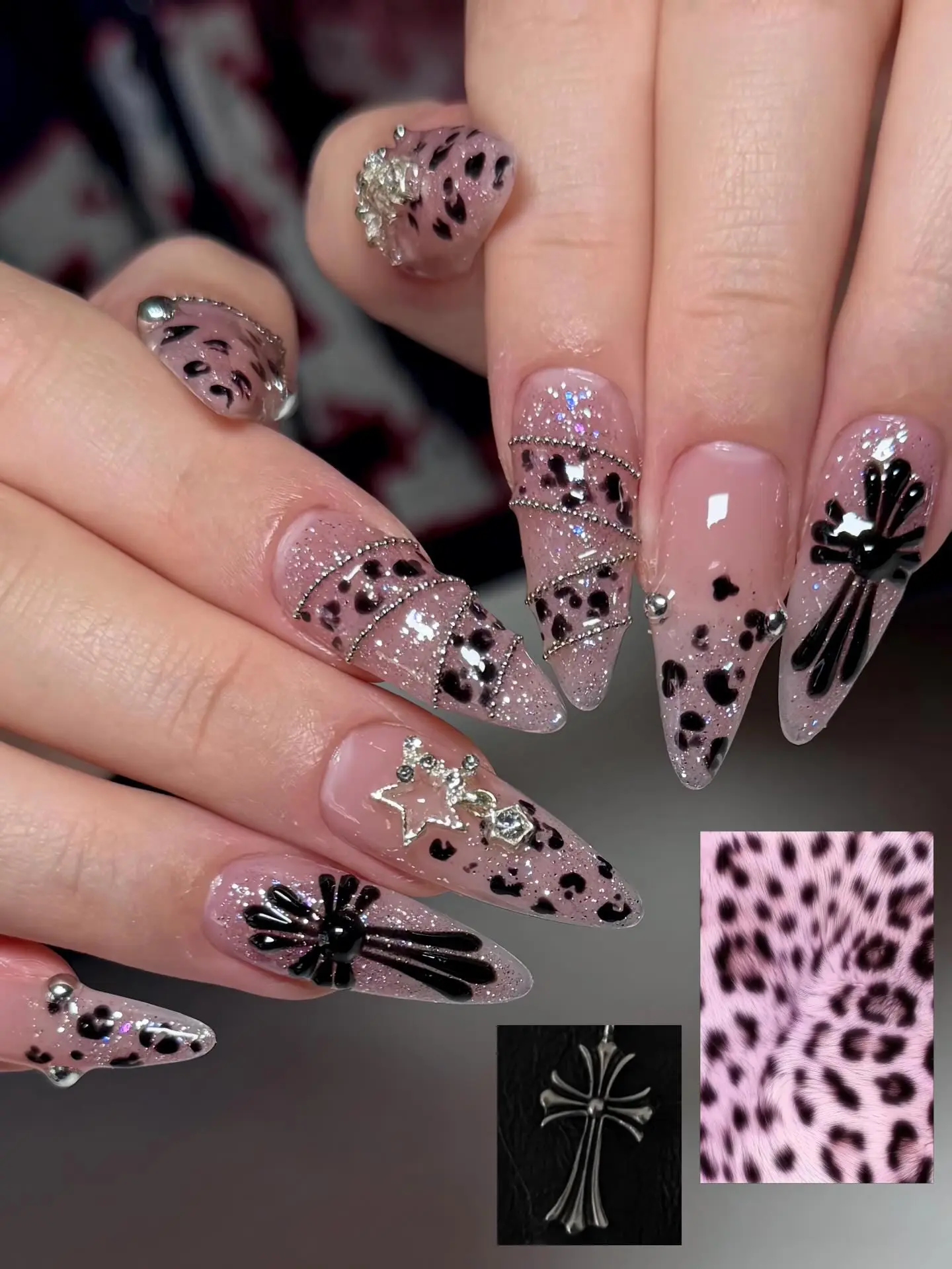 Pink Leopard Print Press On Nails, Edgy Gyaru Fake Nails with 3D Black Cross Charm, Silver Chain Gothic Pink Reusable Custom Nails