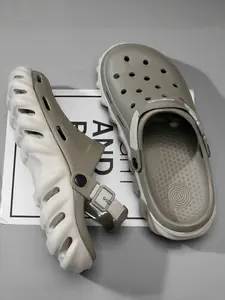 Men's Beige-Green Tech Clog Sandals, Light Cool Casual Style, Double-Layer Hollow Design + Adjustable Strap + Wave Platform Sole, Breathable & Refreshing, Light & Bouncy Fit , Ideal for Daily Home & Light Outdoor Outings