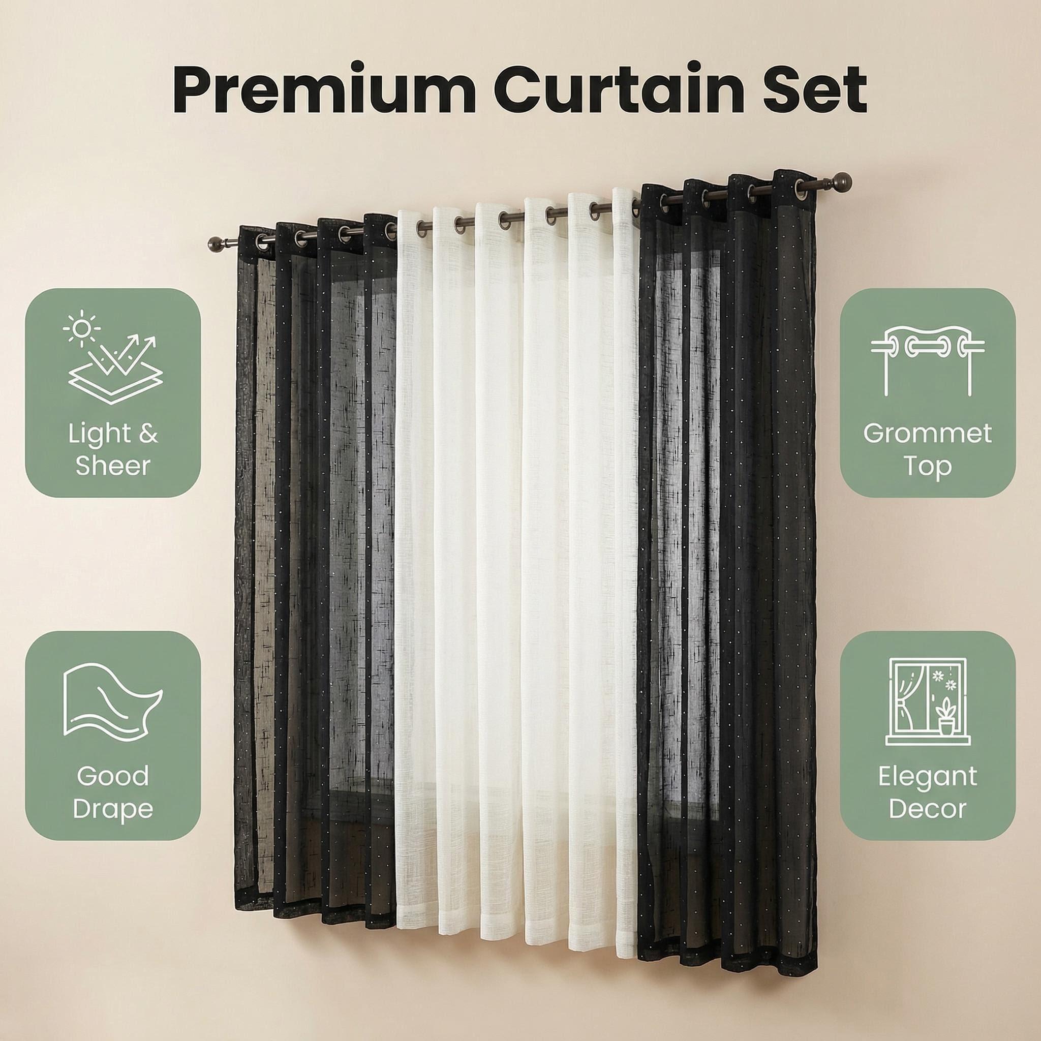 Curtain Club 8 Panels 34X84 Inch Diamond Beaded Twill + Full-Length Chiffon Curtain Set. Each style contains 4 pieces. All are plain chiffon fabric, translucent, with iron rings, woven, rod type, FT2930 + L12