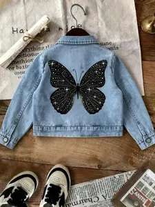 Girls' Starry Butterfly Denim Jacket, Light Blue Washed Jean Fabric, Back Dreamy Print, Casual Loose Fit, Ages 1-8, Perfect for School &