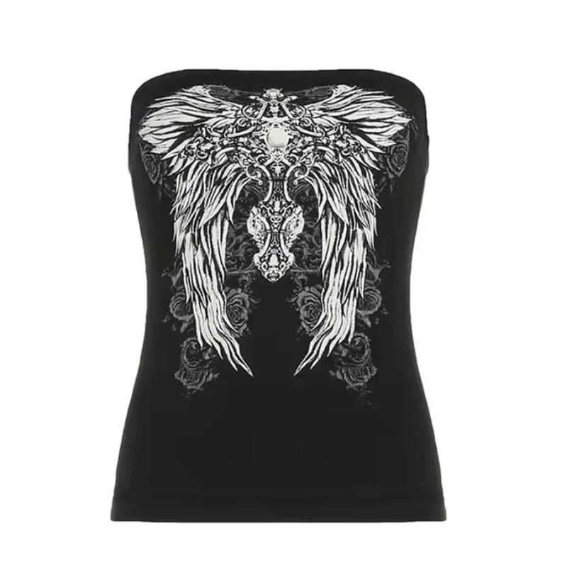 Gothic Black Tube Top Women's Strapless Cropped Tee Y2K Streetwear Summer Casual Chic Vest with Detailed Graphic Design