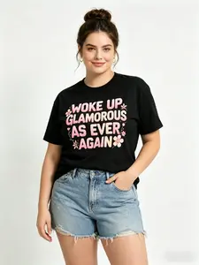 Woke Up Glamorous As Ever Again Print T-Shirt, Pink Gradient Floral Short Sleeve Tee, Plus Size Casual Loose Fit Top for Women, Summer Daily Wear