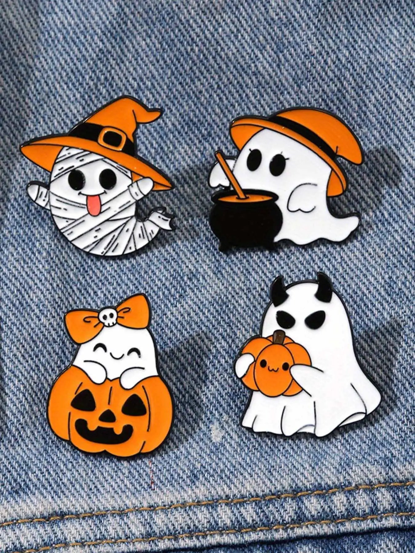 Halloween Ghost Pumpkin Brooches - Cute Cartoon-Style Metal Pins with Black & Orange Designs, Perfect for Clothes, Bags, and Accessories, Festive Halloween Decorations|Playful Design|Durable Metal Pins, Halloween Decorations, Fashion Accessory