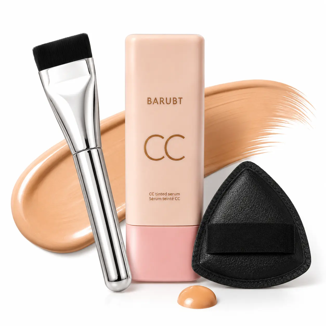 BARUBT CC Tinted Serum Foundation Set with Flat Brush & 3-Layer Puff, Lightweight Hydrating Skin Tint, Natural-Looking Medium Coverage, Easy Blend Everyday Base Makeup Kit