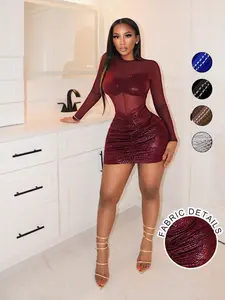 Elegant Sheer Mesh Long Sleeve Dress for Women, Womenswear, Chic Slim-Fitting Maxi Dress for Daily Wear, Date Nights, Parties & Stages