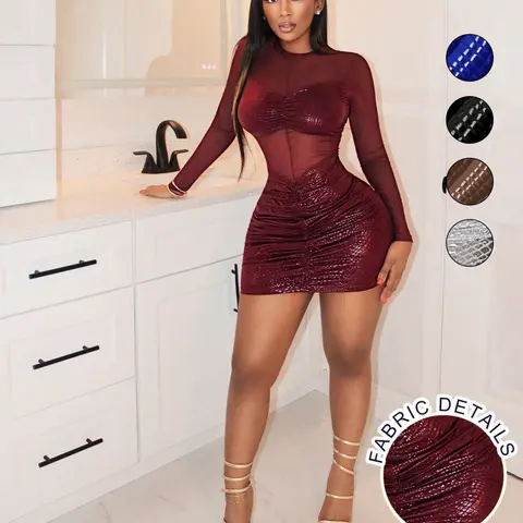 Sheer Mesh Long Sleeve Maxi Dress for Women, Chic Slim-Fitting Dress for Daily Wear, Date Nights & Parties
