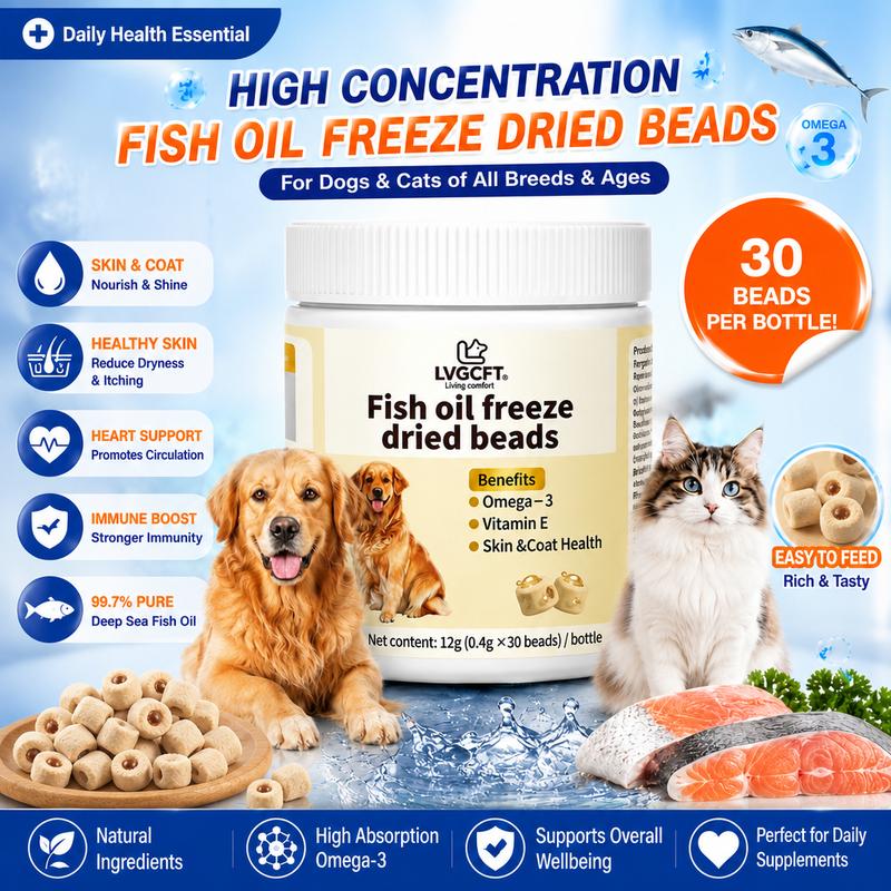 Omega-3 for Cats and Dogs nutritional supplement soft chew dog treat Pet Deep-Sea Fish Oil + Collagen Vtamin E Freeze-Dried Granules Promotes healthy coat and skin in pets Supports canine health care 30 granules per jar, Daily Canine Wellness