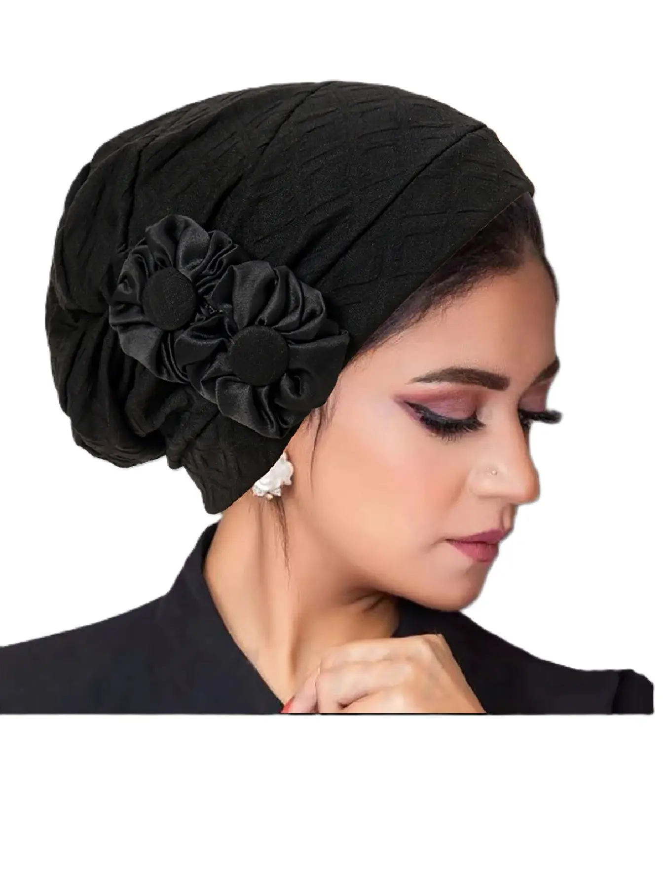 Women's Fashion Elastic Woven Head Wrap Indian Hat Turban Hats, Vintage Floral Side Flower Design, Stylish All-Season Accessory for Women