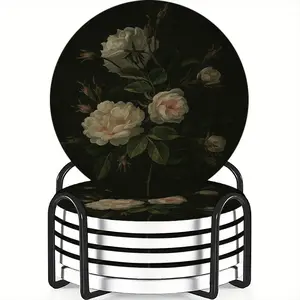 6-piece ceramic coaster/cup holder set, white bouquet, heat-resistant and non-slip beverage mats, suitable for home and restaurant table decoration, perfect housewarming gift.