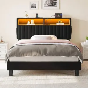 Modern Platform Bed Frame, Twin/Full/King/Queen Size Bed Frame * Upholstered Headboards, With LED Lights & USB Charging Station, Easy Assembly, Bedroom Decor room tv stand living coffee table shelves