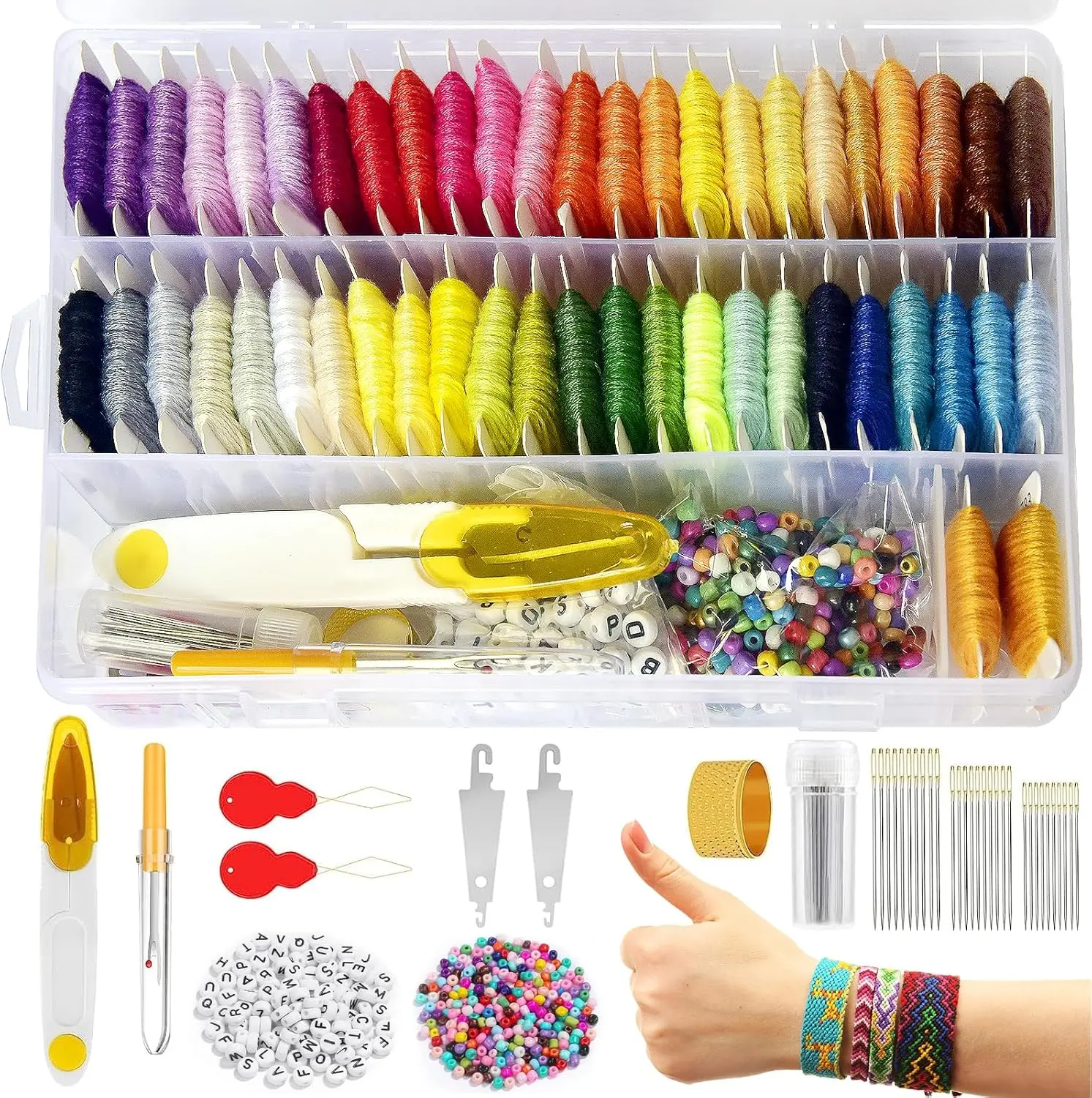 400+Pcs Friendship Bracelet String Kit String Bracelet Making Kit with 50 Skeins Embroidery Floss Cross Stitch Thread, 400 count Friendship Bracelet Beads, 37 count Embroidery Tools and Storage Box