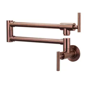 WOWOW Vintage Solid Brass Rose Gold Wall-Mount Stove Faucet, Water-Saving Pot Filler with Double Joint, Rotatable Arm, Folding Over-Stove Kitchen Tap