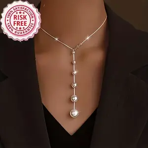 Faux Pearl Y-Shaped Copper Color Necklace - Copper-Plated, Long Pendant, Versatile for Daily Wear and Gifting, Copper Color Necklaces