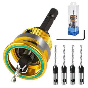 Countersink Drill Bit Set with 1 Pair Gloves, 5pcs Four Flute HSS M2 Tapered Drill Bit with Adjustable Depth Stop Collar, Woodworking Countersink Drill Bit with Wrench, Suitable for 82 Degree Wood, Plywood And MDF Self-Made, Golden