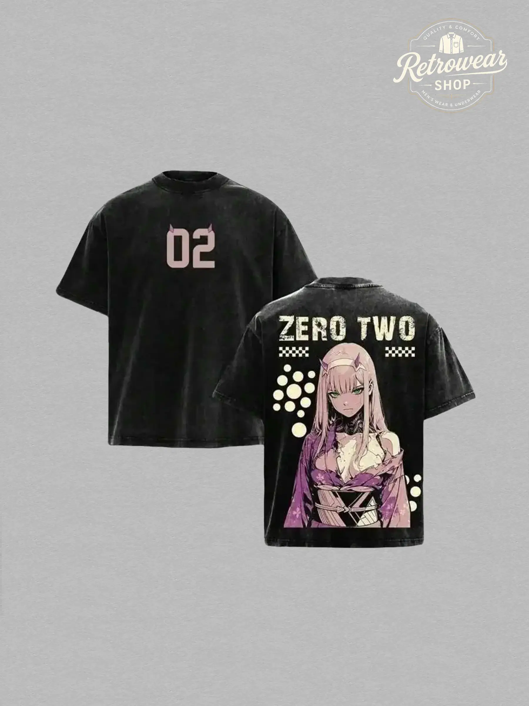 Zero Two Darling in the Franxx Acid Washed Vintage Oversized Tee Double Sided Anime Graphic Heavy Cotton Unisex Streetwear Loose Fit Crew Neck Retro Manga Apparel Ideal Gift for Anime Fans Daily Streetwear Outfit