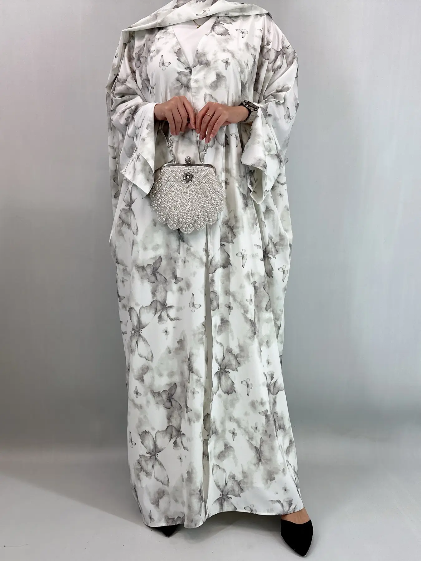 [Includes Hijab]Women's Art Print Batwing Sleeve Long Robe Set with Headscarf, Loose-Fitting Vacation Style Cardigan with Pockets, Fall & Winter Fashi