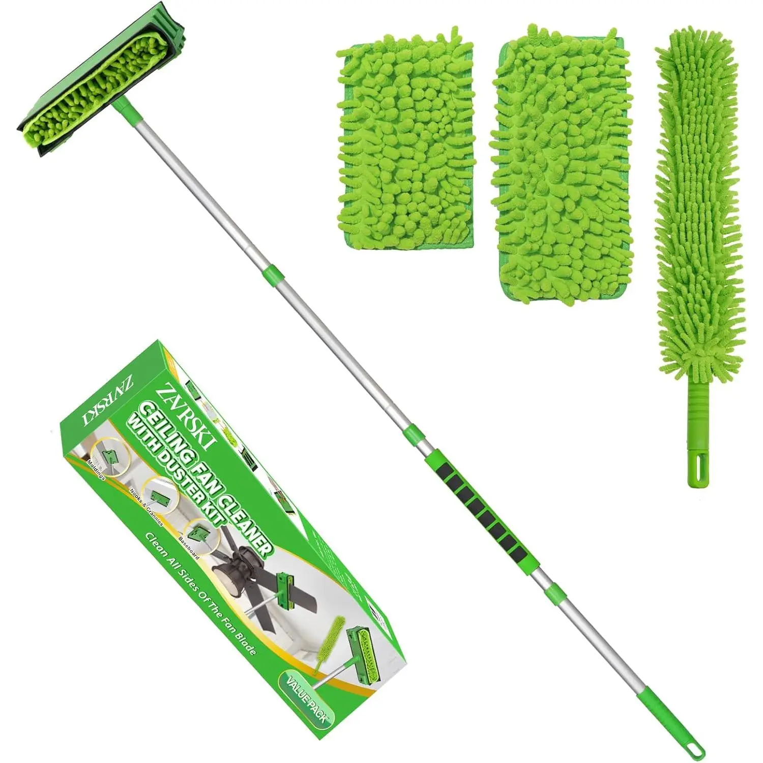 Ceiling Fan Cleaner, Adjustable Household Items with 6 ft/72" Extension Pole, Reusable Microfiber Pads for High Ceilings, Fan Blades, Baseboards & Blinds Cleaning
