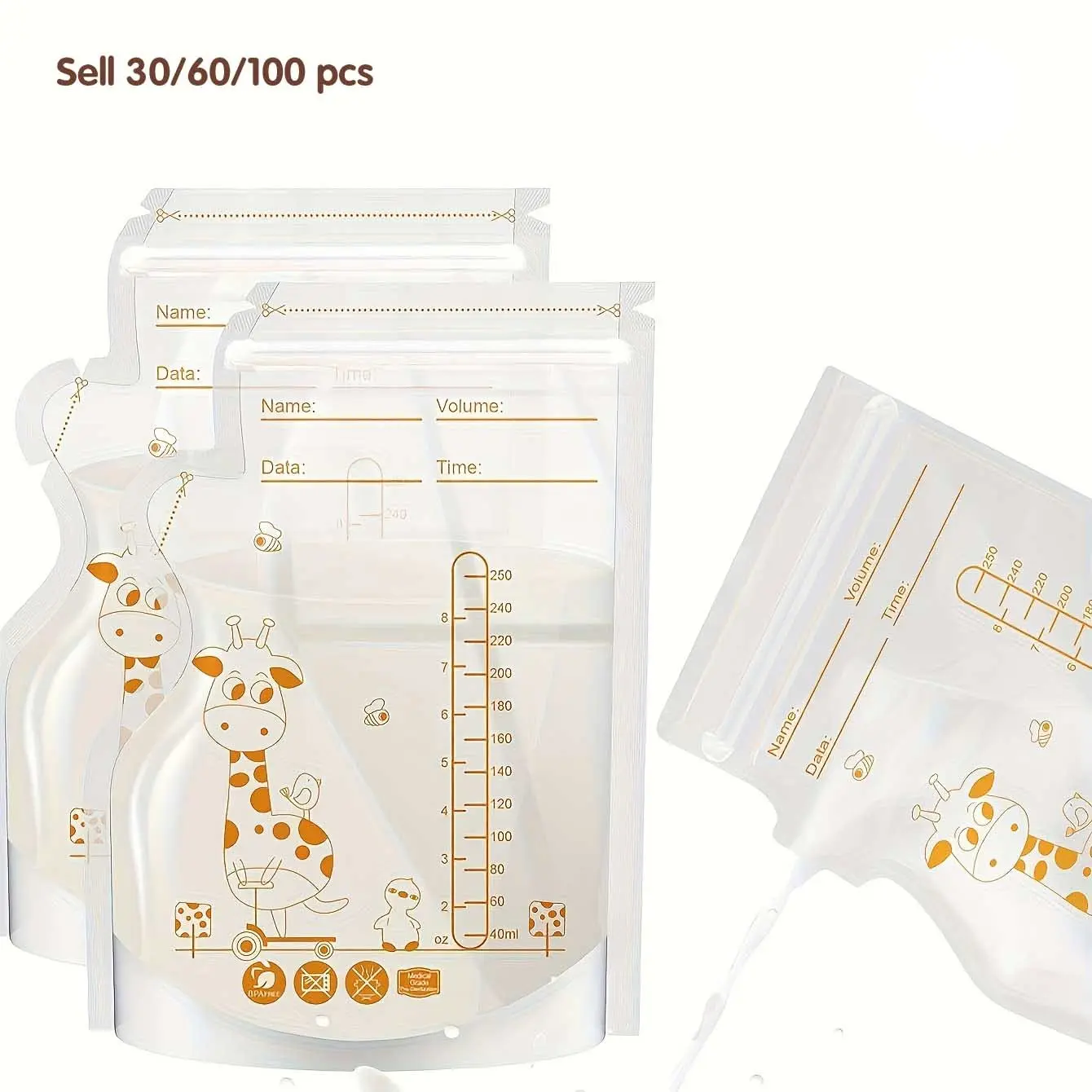 100/60/30pcs Pack, 8oz/250ML Nursing Breast Milk Storage Bags, Double-Sealed with Pour Spout, Self-Standing, Space-Saving for Refrigeration and Freezing, Breast Milk Containers