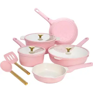 Ceramic Nonstick Cookware Set, Cast Aluminum with Dual Layer Nonstick Coating, Gold Heart Knobs, Stay-Cool Handles, Made without PFAS, PFOA, PFOS & PTFE, Dishwasher Safe, 10-Piece, Pink