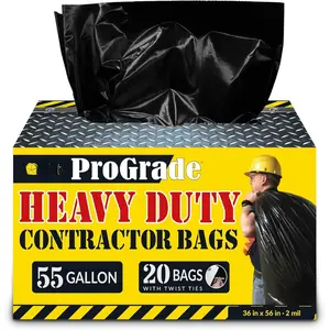 Contractor Trash Bags 55 Gallon Heavy Duty | 20 Bags w/Ties | Construction Garbage Bags | Industrial | /Big | Black