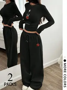 Women's Two-Piece Set, Round Neck Long Sleeve Top, Straight Leg Pants, Rose Print, Drawstring Design, Comfortable Fabric, Casual Style