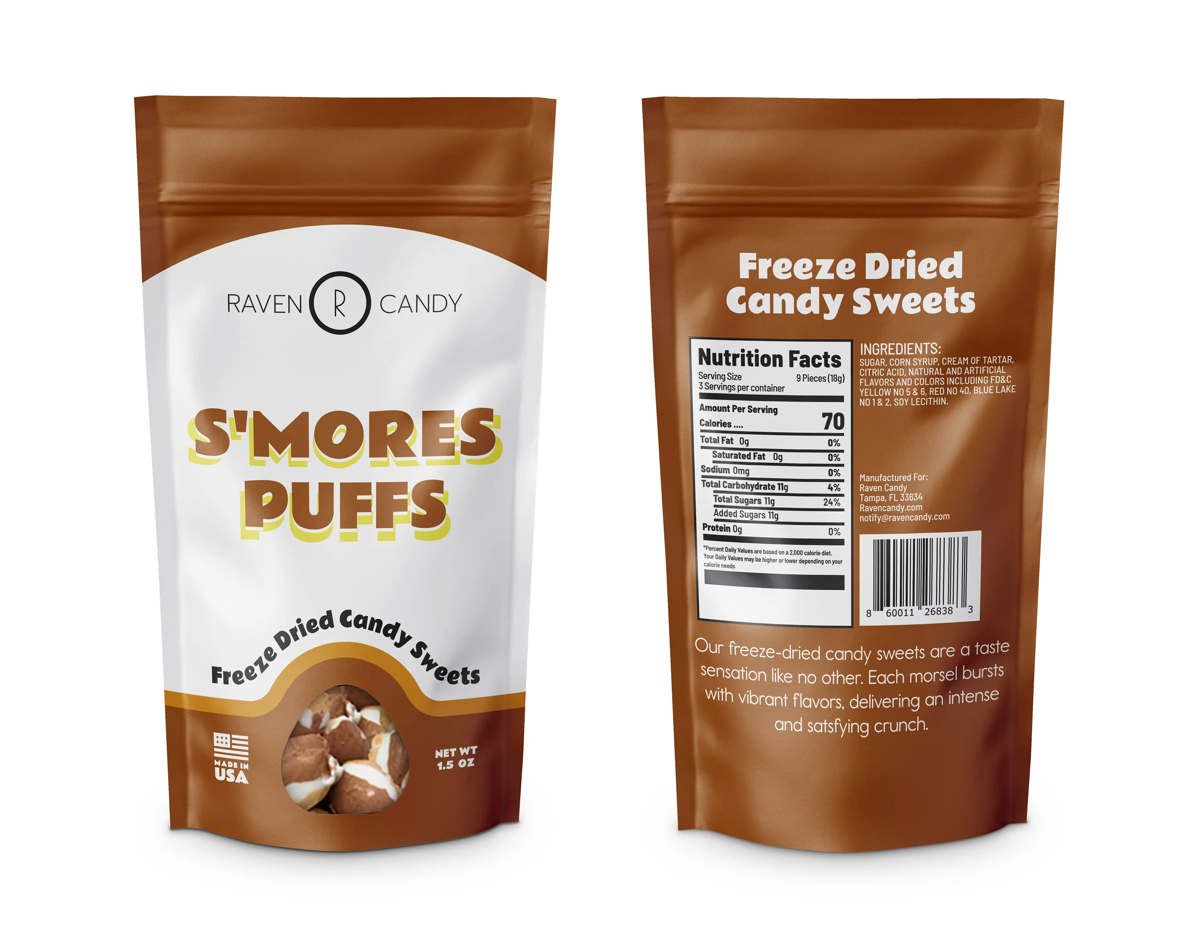 Raven Candy S'mores Puffs Freeze Dried Candy 1.5 oz Snack Sweet Bonbon Traditional