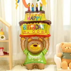 48 Inch Bear Balloon Holding Cake, Perfect for Birthday Celebrations, Balloon Party Supplies, Made of Aluminum Foil, Ideal Gift for Christmas, Halloween, Thanksgiving