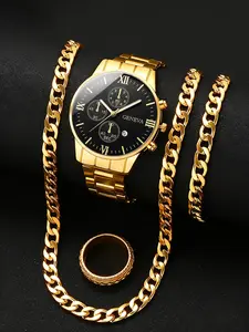 Men's Watch & Jewelry Set, Fashion Round Dial Analog Quartz Watch & Chain Bracelet & Ring & Necklace, Trendy Watch Set for Party, Daily Decor, Exquisite Watch Set for Gift, without Box