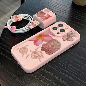 5 Piece Set Turtle Shell Hawaiian Pattern Phone Case, Charger Head Cover, Cable Protector, Storage Rope, Anti-Drop Tpu Case for iPhone