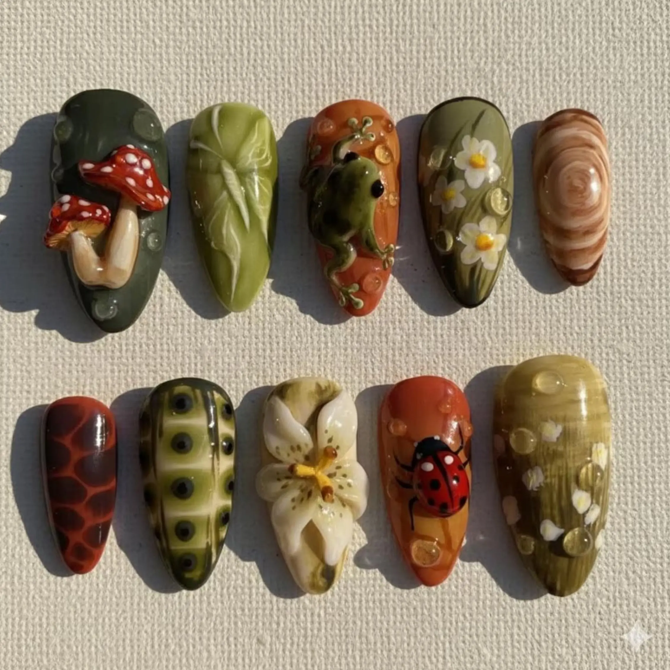 Forestcore Dream Press-On Nails _ 3D Frog & Mushroom Art _ Cottagecore Nails _ Holiday _ Winter Gift