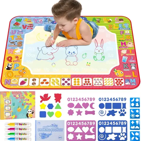 Water Doodle Mat 32x24 Inches Kids Educational Drawing Toy with Letters Shapes & Colors for Boys Girls Ages 3-8 Christmas Birthday Gift Art Markers Art Supplies, Drawing Pens Set