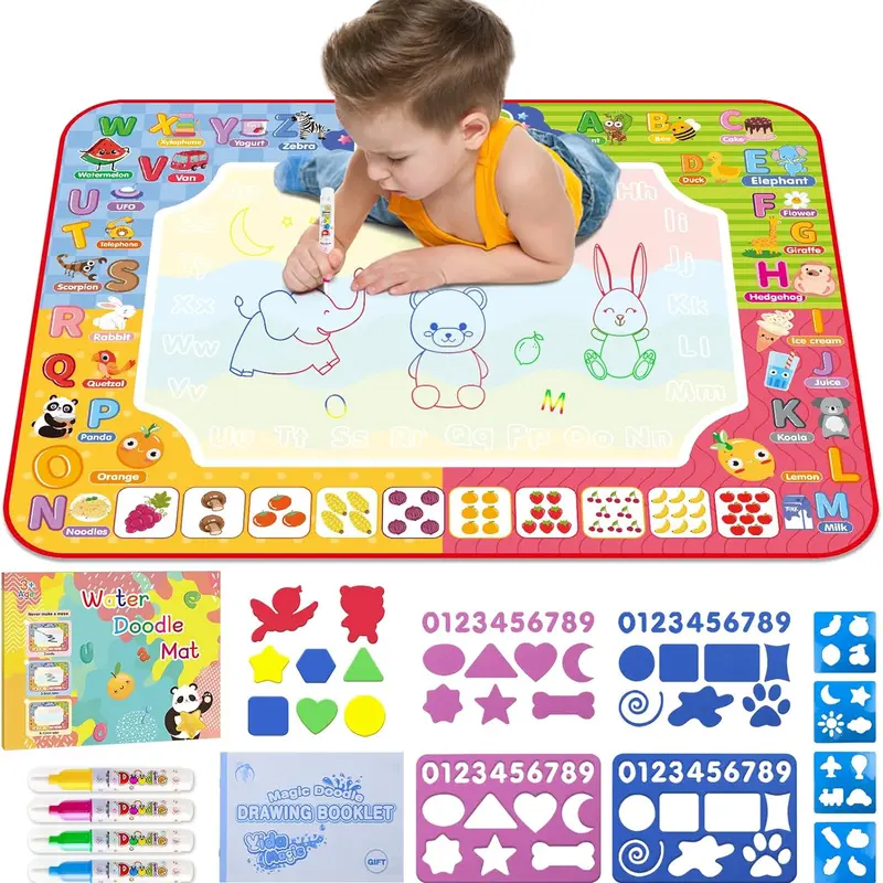 Water Doodle Mat 32x24 Inches Kids Educational Drawing Toy with Letters Shapes & Colors for Boys Girls Ages 3-8 Christmas Birthday Gift Art Markers Art Supplies, Drawing Pens Set