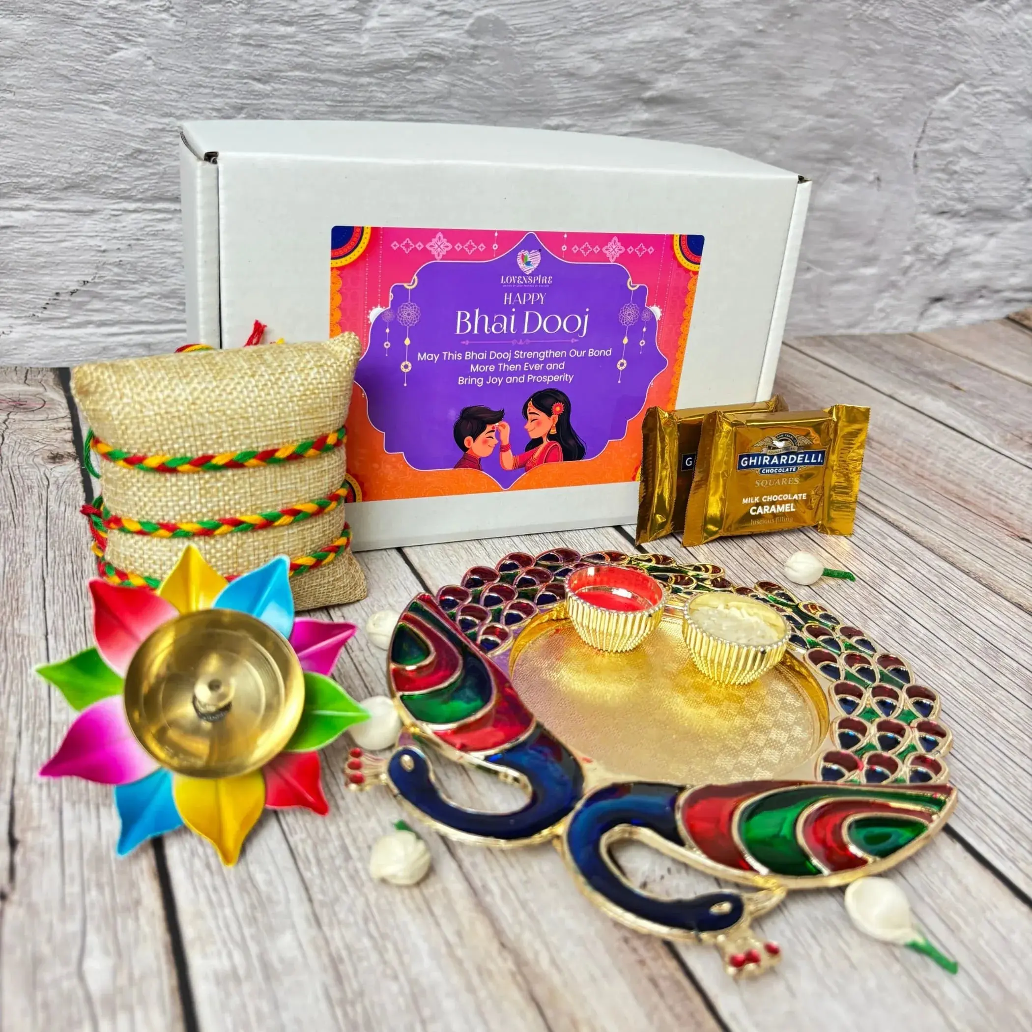 Bhai Dooj Gift Hamper for Brother Premium Gift Box with Haldi Kumkum Holder Roli Chawal Rakhi Lotus Brass Diya Chocolates Bhaidooj Gifts Set for Bhai Rakhi for Brother Rakshabandhan Gifts