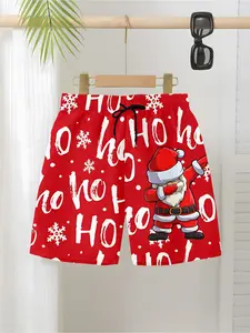 Boys' Christmas Santa Claus Shorts, Breathable Summer Half-Length Pants, Casual Beachwear, Slim-Fitting All-Over Print