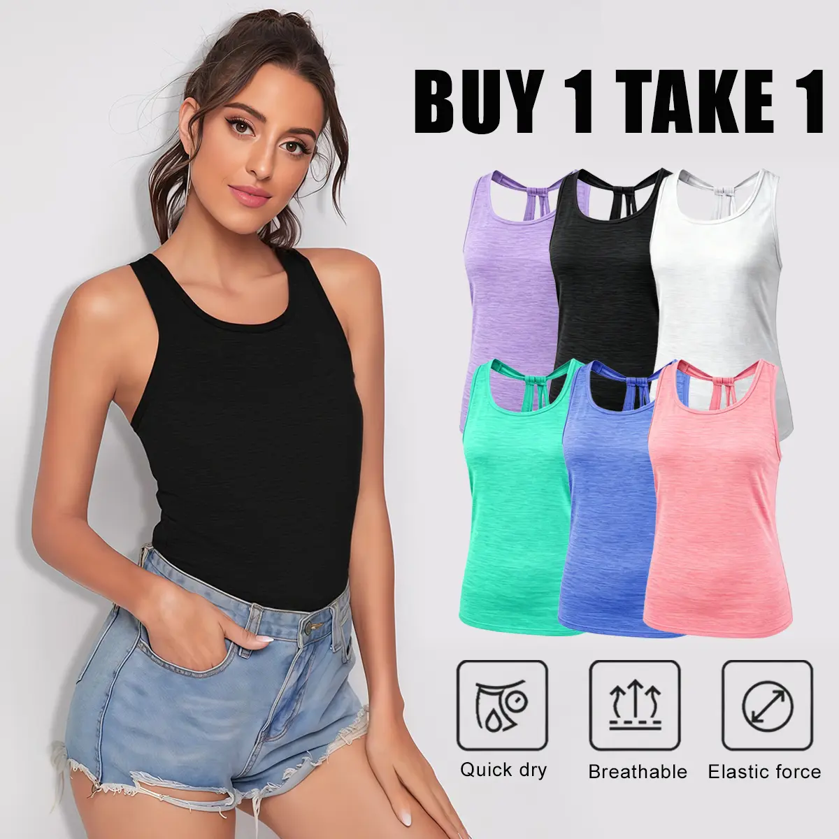 Buy 1 Get 1 Free Women’s Slim Fit Racerback Tank Top | Breathable Lightweight Stretchy Cotton Activewear Cami Slim Fit Breathable Stretchy Cotton Gym Yoga Activewear Activewear Essential  Stretchy Fit  Breathable Style Basic Minimalist
