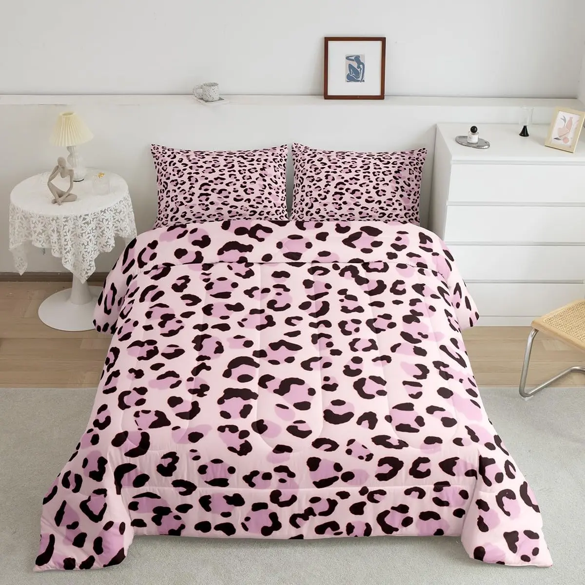 Pink Leopard Print Comforter Set Cheetah Bedding Set Animal Print Comforter Breathable Safari Duvet Set Room Decor Quilt Set
